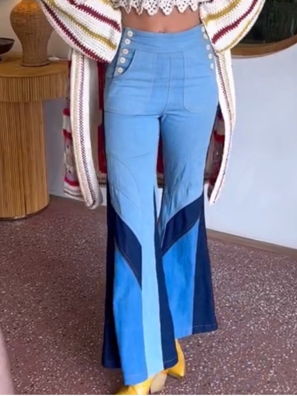 Chasing Unicorns 🪬 Patchwork Red Hot Denim Flares sz Small - Picture 6 of 13